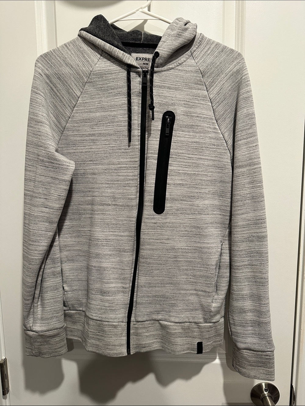 Express Men's Heather Light Gray Zip-Up Hoodie with Black Trim